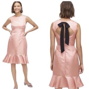 J.CREW Rita Sheath Ruffle Hem Back Cut-Out Dress Salmon Pink With Black Bow 12